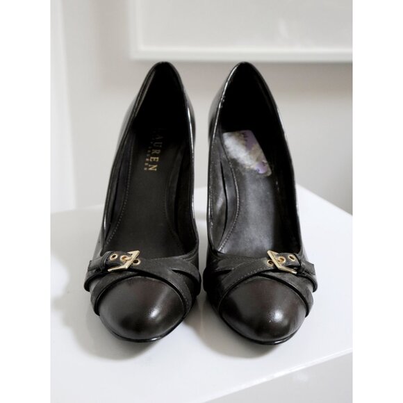 Ralph Lauren Dark Brown Leather Stiletto Heels w/ Strappy Buckle Detail - Women' - Picture 2 of 9